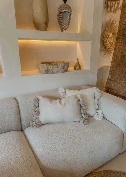 Katoenen kussenhoes met pompons – zandkleur – 60x40 cm