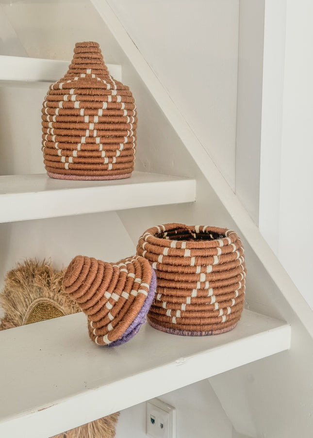 Handgemaakt Marokkaans Mandje – Zeegras met Wol – Uniek – 22 x Ø 15 cm