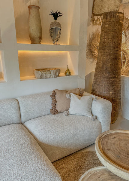 Katoenen kussenhoes met pompons – Camel – 50x50 cm