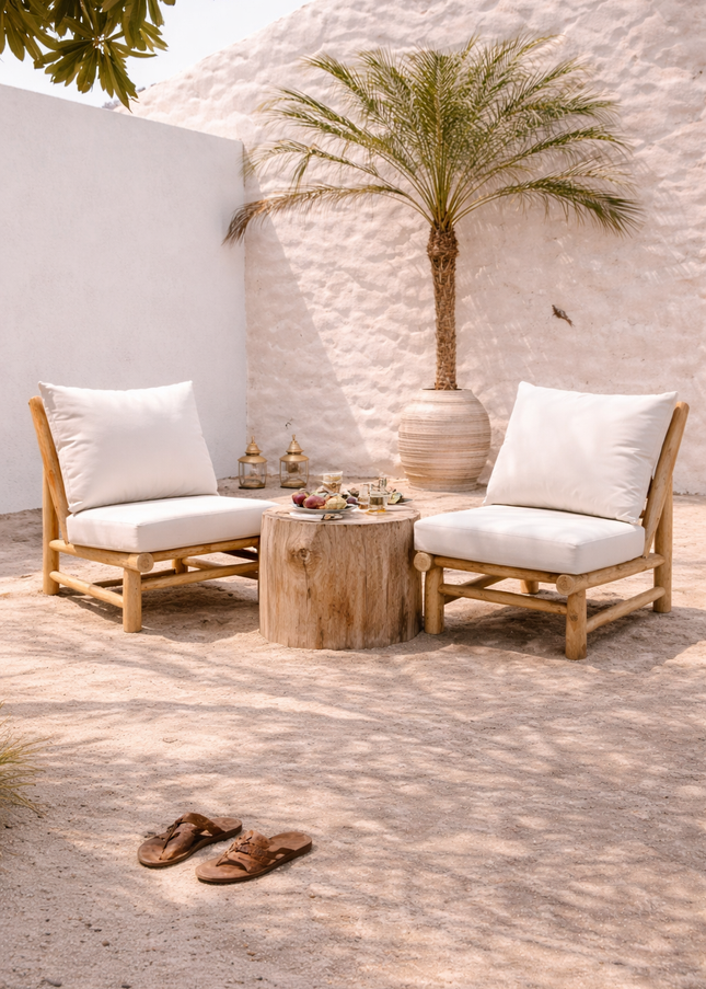 🌴 Lounge stoel teak hout – incl. all weather kussens (wit)