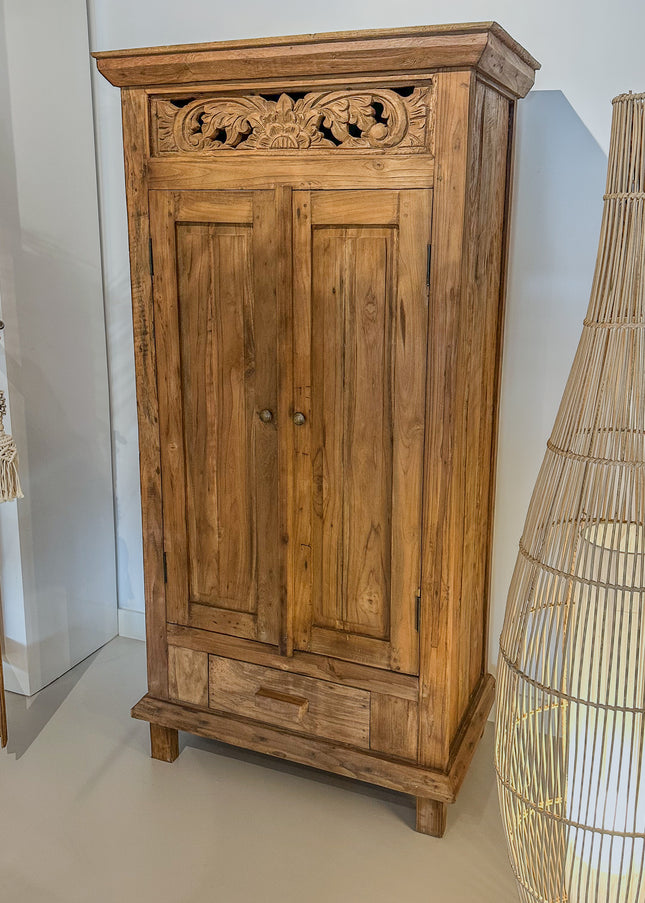 Indonesische Teakhouten Kast – Handgemaakt – 166 x 84 x 46 cm – Met Lade en 2 Legplanken