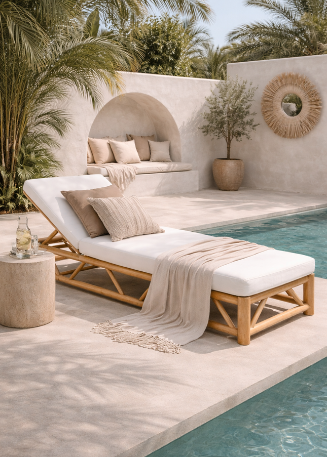 Ligbed teak - incl. all weather kussen - wit