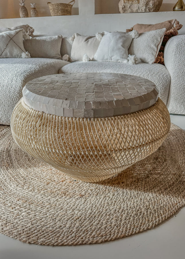 Salontafel Rotan met Zellige Tegels – Handgemaakt in Marokko | Ø70 cm