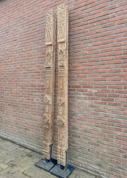 Indonesische Teak Houten Handgesneden Pilaren – Los of als Set – 285 cm Hoog – 15 x 15 cm
