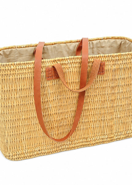 Gevlochten tas met leren hengsels – 30 x 40 x 20 cm