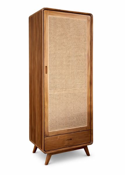 Schmaler Teak-Kleiderschrank mit Rattan – 200x70x50cm
