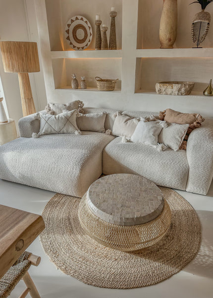 Katoenen kussenhoes met pompons – Wit met camel – 60x40 cm