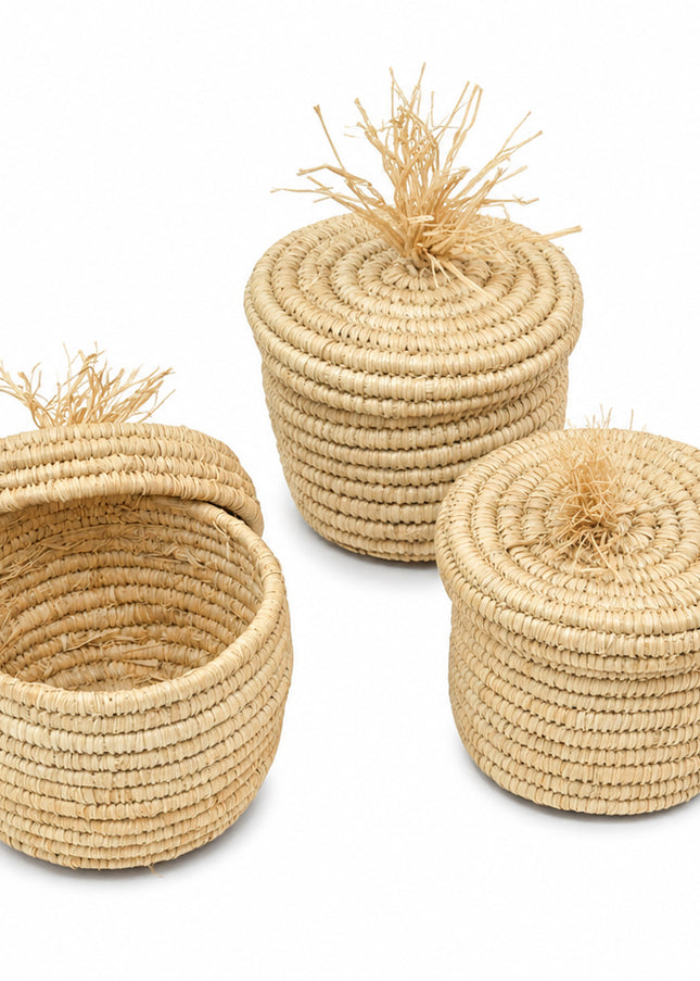 Rond raffia mandje met deksel – ca. 10 x 10 cm