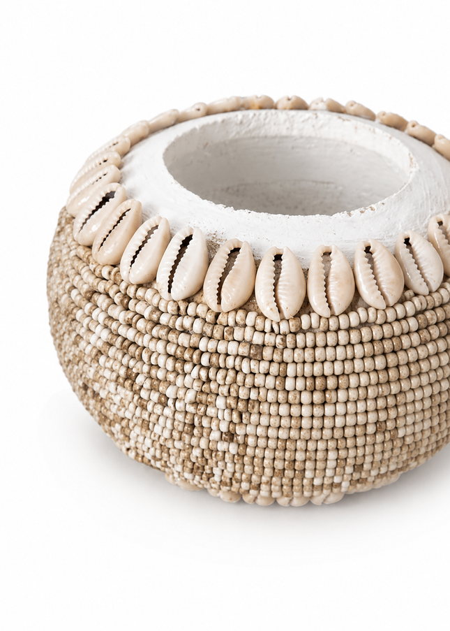 Moyo Zand | Houten pot kralen & schelpen
