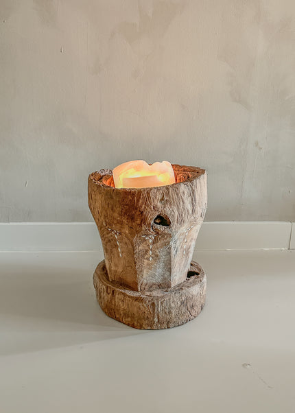 Teak hout kaarsenhouder of decoratie – boomstam met schelpinleg | nr8