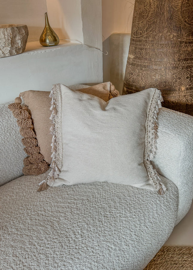 Kussenhoes Champagne Fringe – katoen met sierlijke franjes (50×50 cm)